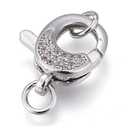 Brass Micro Pave Clear Cubic Zirconia Lobster Claw Clasps, with Jump Rings, Long-Lasting Plated, Real Platinum Plated, 16x12x4mm, Hole: 3mm, Jump Ring: 5x1mm(ZIRC-M108-15A-P)