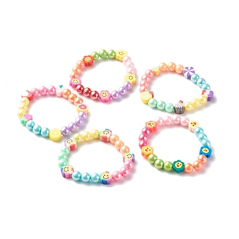 Opaque Acrylic Beads Stretch Bracelet Sets for Kids, with Polymer Clay Beads, Mixed Shape, Mixed Color, Inner Diameter: 2 inch(5cm), 5pcs/set