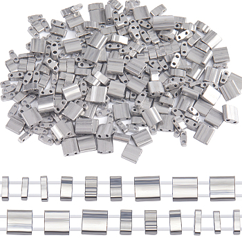 300Pcs 3 Size Glass Seed Beads, 2-Hole, Rectangle, Gunmetal Plated, 4.5~5.5x2~5.5x1~2.5mm, Hole: 0.5~0.8mm, 100Pcs/size