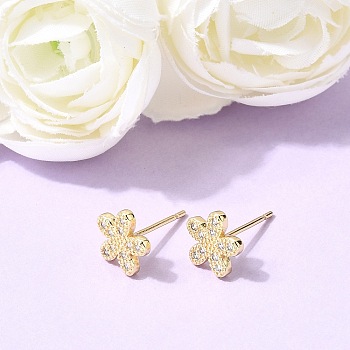 Valentine's Day Brass Micro Pave Clear Cubic Zirconia Stud Earrings, Cadmium Free & Lead Free, Long-Lasting Plated, Rack Plating, Flower, 8.5x9mm