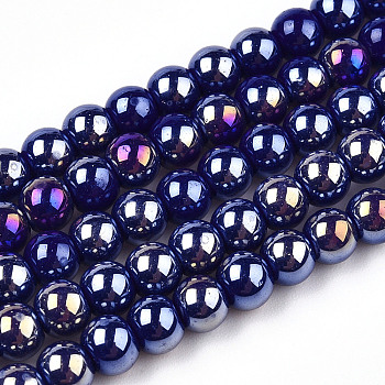 Electroplate Opaque Glass Beads Strands, AB Color Plated, Round, Dark Blue, 4~4.5mm, Hole: 0.8mm, about 97~99pcs/strand, 14.76 inch~14.96 inch(37.5~38cm)