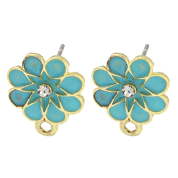 Rack Plating Alloy Stud Earring Finding, with Rhinestone, Cadmium Free & Nickel Free & Lead Free, Flower, Turquoise, 16x12.5mm, Hole: 1.6mm, Pin: 10.5x0.5mm