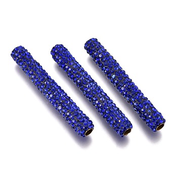 Polymer Clay Rhinestone Tube Beads, with Brass Findings, Capri Blue, 35~35.5x5~5.5mm, Hole: 2.5mm