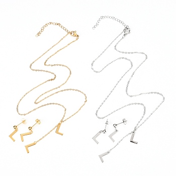 304 Stainless Steel Jewelry Sets, Cable Chains Pendant Necklaces and Stud Earrings, with Lobster Claw Clasps and Ear Nuts, Alphabet, Golden & Stainless Steel Color, Letter.L, 17.71 inch(45cm),  11x8x0.5mm, Pin: 0.8mm