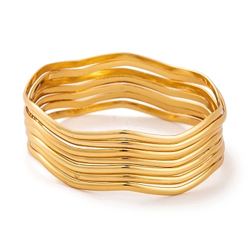 7Pcs PVD Vacuum Plating 304 Stainless Steel Wave Bangles Set for Women, Golden, 2.5mm, Inner Diameter: 2-3/8 inch(6cm)