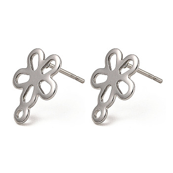 Flower Shape 201 Stainless Steel Stud Earrings Findings, with 304 Stainless Steel Pins & Horizontal Loop, Stainless Steel Color, 14x11.5mm, Hole: 1.4mm, Pin: 0.7mm