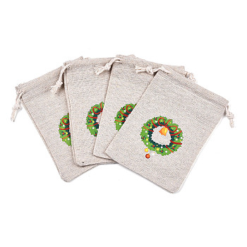 Christmas Cotton Cloth Storage Pouches, Rectangle Drawstring Bags, for Candy Gift Bags, Flower Pattern, 13.8x10x0.1cm