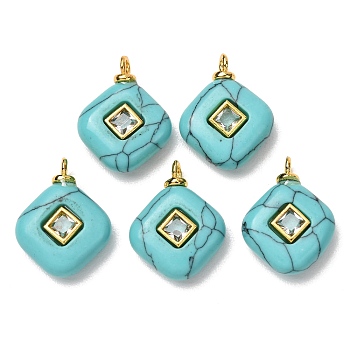 Dyed Synthetic Turquoise Pendants, Rhombus Charms with Brass Micro Pave Cubic Zirconia(Random Color) Findings, Golden, 22x17~17.5x6~6.5mm, Hole: 2.3mm