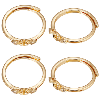 Beebeecraft 4Pcs Brass Adjustable Finger Ring Settings, For Half Drilled Beads, Flat Round, Real 18K Gold Plated, US Size 6 3/4(17.1mm), Pin: 0.6mm, Tray: 4.5mm