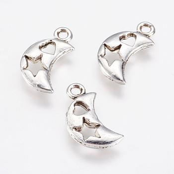 Alloy Pendants, Moon with Star and Heart, Antique Silver, 17x9x2mm, Hole: 2mm
