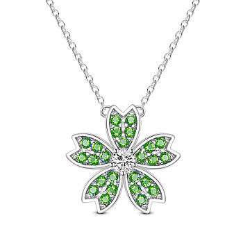 SHEGRACE Rhodium Plated 925 Sterling Silver Pendant Necklaces, with Grade AAA Cubic Zirconia, Sakura, Platinum, Green, 16.54 inch(42cm)