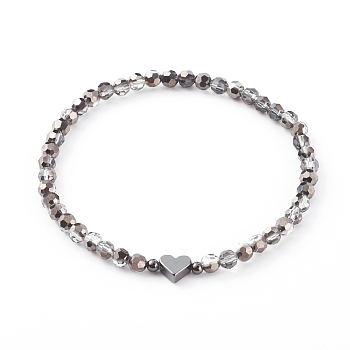 Electroplate Faceted Round Glass Beaded Bracelets, with Brass Heart Beads, Dark Gray, Inner Diameter: 2-3/8 inch(6.1cm)