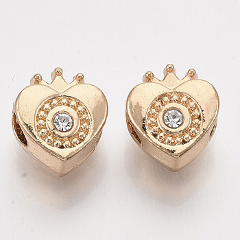 Alloy European Beads, with Crystal Rhinestone, Large Hole Beads, Heart with Crown, Light Gold, 12x10.5x7.5mm, Hole: 4.5mm
