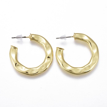 Textured Brass Stud Earrings, Half Hoop Earrings, Long-Lasting Plated, with Steel Pins and Plastic Ear Nuts, Ring, Real 18K Gold Plated, 28x3mm, Pin: 0.7mm