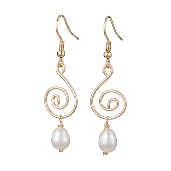Natural Pearl Dangle Earrings, Brass Wire Wrap Vortex Drop Earrings, Light Gold, 50.5x14mm