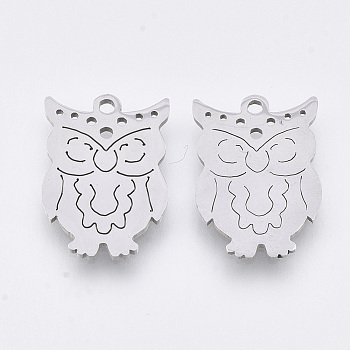 201 Stainless Steel Pendants, Laser Cut Pendants, Owl, Stainless Steel Color, 17.5x12x1mm, Hole: 1.4mm
