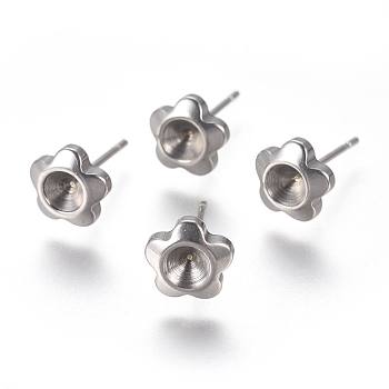 304 Stainless Steel Ear Stud Components, For Pointed Back Rivoli Rhinestone, Flower, Stainless Steel Color, Fit For 4mm Rhinestone, 7.5x7mm, Pin: 0.9mm