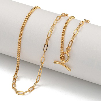 Brass Curb Chain & Paperclip Chain Necklaces for Women, Real 18K Gold Plated, 17.91 inch(45.5cm)