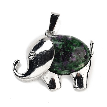 Natural Ruby in Zoisite Pendants, Elephant Charms with Alloy Findings, Platinum, 29x37~37.5x9.5~10mm, Hole: 3x9mm