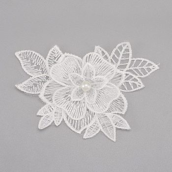Milk Fiber Lace Embroidery Costume Accessories, Applique Patch, Sewing Craft Decoration, with Imitation Pearl, 3D Flower, White, 85x110x8mm
