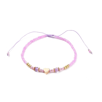 Adjustable Nylon Cord Braided Bead Bracelets, with Glass Seed Beads, Brass Heart Beads, Alloy Spacer Beads and Natural Amethyst Beads, Inner Diameter: 2-1/8~3-7/8 inch(5.5~9.8cm)
