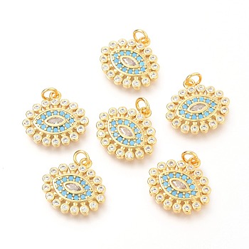 Brass Micro Pave Clear & Deep Sky Blue Cubic Zirconia Charms, with Jump Rings, Eye, Real 18K Gold Plated, 14x15x1.9mm, Hole: 2.4mm