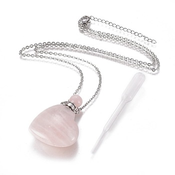 Natural Rose Quartz Openable Perfume Bottle Pendant Necklaces, with Stainless Steel Cable Chain and Plastic Dropper, Heart, 50~55cm, Bottle Capacity: 0.15~0.3ml(0.005~0.01 fl. oz), 2mm