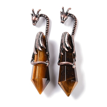 Natural Tiger Eye Faceted Pointed Bullet Big Pendants, Rack Plating Brass Dragon Charms, Lead Free & Cadmium Free, Red Copper, 73.5~78.5x15.5~16.5x15.5~16.5mm, Hole: 4x2.5mm