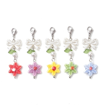 Porcelain & Acrylic Pendant Decorations, with Lobster Claw Clasps, Bowknot with Flower, Mixed Color, 60~62mm
