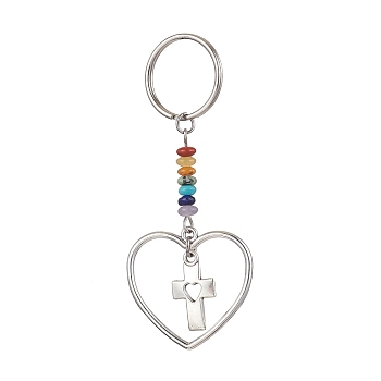 Heart Alloy Pendant Keychain, with Chakra Gemstone Chip and Iron Split Key Rings, Cross, 7.4cm
