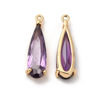 Real 18K Gold Plated Brass Pendant, with Glass, Teardrop Charms, Medium Purple, 18.5x6x4mm, Hole: 0.9mm