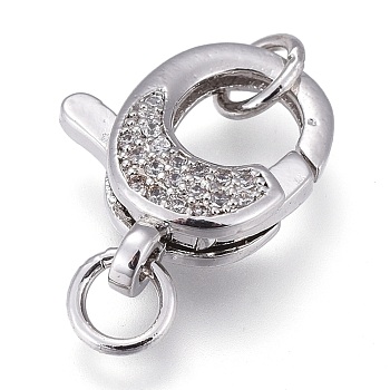 Brass Micro Pave Clear Cubic Zirconia Lobster Claw Clasps, with Jump Rings, Long-Lasting Plated, Real Platinum Plated, 16x12x4mm, Hole: 3mm, Jump Ring: 5x1mm