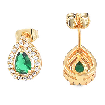 Cubic Zirconia Teardrop Stud Earrings, Golden Brass Jewelry for Women, Nickel Free, Green, 11x8mm, Pin: 0.7mm