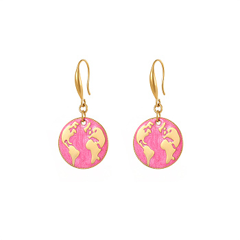 Golden Tone Stainless Steel Enamel Map Dangle Earrings for Women, Pink