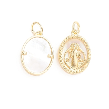 Religion Brass Pendants, with Natural Shell and Jump Ring, Oval with Saint Benedict Medal
, Golden, 16.5x12x3mm, Hole: 3mm