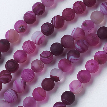 Natural Grade A Striped Agate/Banded Agate Beads Strands, Dyed & Heated, Frosted, Round, Medium Violet Red, 8~8.5mm, Hole: 1.2mm, about 39pcs/strand, 14.56 inch(37cm)