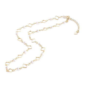 Brass Rhombus Link Chain Necklaces, with Round Glass Beads and Lobster Claw Clasps, White, Real 18K Gold Plated, 15.94 inch(40.5cm)