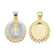 Brass Micro Pave Clear Cubic Zirconia Pendants, with Enamel and Shell, Real 18K Gold Plated, Nickel Free, Oval with Saint, Light Sky Blue, 19.5x14.5x4mm, Hole: 3x4mm(KK-N227-95B)