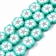 Handmade Polymer Clay Beads Strands, Flower, Turquoise, 8~10.5x8~10x4~5mm, Hole: 1.2mm, about 36~39pcs/strand, 12.40 inch~ 14.17inch(31.5cm~36mm)(CLAY-S096-042A)