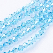 Glass Beads Strands, AB Color Plated, Faceted, Bicone, Deep Sky Blue, 4x4mm, Hole: 1mm, about 92~96pcs/strand, 13.78~14.37 inch(X-EGLA-S056-03)
