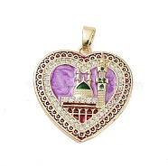 Rack Plating Brass Micro Pave Clear Cubic Zirconia Pendants, with Enamel, Long-Lasting Plated, Lead Free & Cadmium Free, Heart with Castle Charms, Violet, 28x27.5x4mm, Hole: 3.5x5mm(KK-H474-24A-01G)