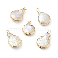 Baroque Natural Keshi Pearl Pendants, Teardrop Charms, with Brass Loops, Light Gold, 17~21x12~13x4~5mm, Hole: 1.6~1.8mm(PEAR-P004-37KCG)