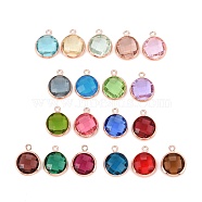 Glass Charms, with Rose Gold Plated Brass Findings, Long-Lasting Plated, Lead Free & Nickel Free & Cadmium Free, Faceted Flat Round, Mixed Color, 9x7x3mm, Hole: 1mm(KK-C228-02RG-M2)