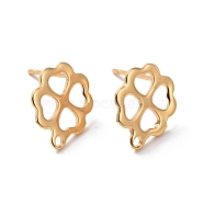 201 Stainless Steel Stud Earring Findings, with Horizontal Loop and 316 Stainless Steel Pin, Clover, Real 24K Gold Plated, 12.5x10.5mm, Hole: 1.2mm, Pin: 0.7mm(STAS-K241-14G)