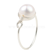 Natural Pearl Braided Bead Finger Ring, Silver Copper Wire Wrap Ring for Women, White, Inner Diameter: 18.8mm(RJEW-JR00586-02)