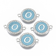 Alloy Enamel Links Connectors, with Crystal Rhinestones, Flat Round with Letter, Silver Color Plated, Letter.O, 22x16x2mm, Hole: 1.8mm(ENAM-TAC0003-01S-06O)