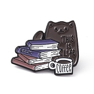 This Is Life Book Coffee Enamel Pin, Electrophoresis Black Alloy Brooch for Cat Person, Coffee Pattern, 25x31x2mm, Pin: 1.3mm(JEWB-A005-22-03)