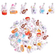 30Pcs 6 Styles Music Theme Opaque Resin Pendants, with Platinum Tone Iron Loops, Rabbit Charm with Musical Instruments, Mixed Color, 27~29x16~22x7~8mm, hole: 2mm, 5pcs/style(RESI-SZ0001-89)