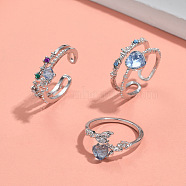 3Pcs Heart & Flower Alloy Rhinestone Cuff Rings, Platinum, Inner Diameter: Adjustable(FS-WGDF7E1-04)