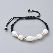 Braided Bead Bracelets, with Natural Cultured Freshwater Pearl Beads, Brass Beads and Nylon Thread, White, 1-1/8 inch~2-7/8 inch(3~7.8cm)(BJEW-JB04820-01)